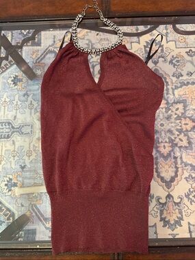 XOXO Rhinestone Halter Knit Top in Shimmery Burgundy